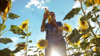 农夫手里拿着一个塑料瓶，向日葵油立在田野里。 慢生活方式运动视频。 向日葵
